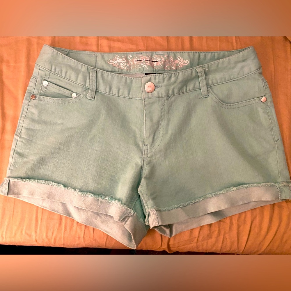 Mint/light teal Express denim shorts